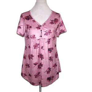 BaiSHengGT Tunic Top Medium Flowy Pink Floral Stretch Short Sleeve V Neck Shirt